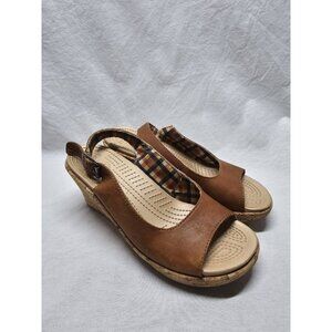 Crocs Women's A-Leigh Slingback Mini Leather Wedge Sandals Size 7 Brown/tan